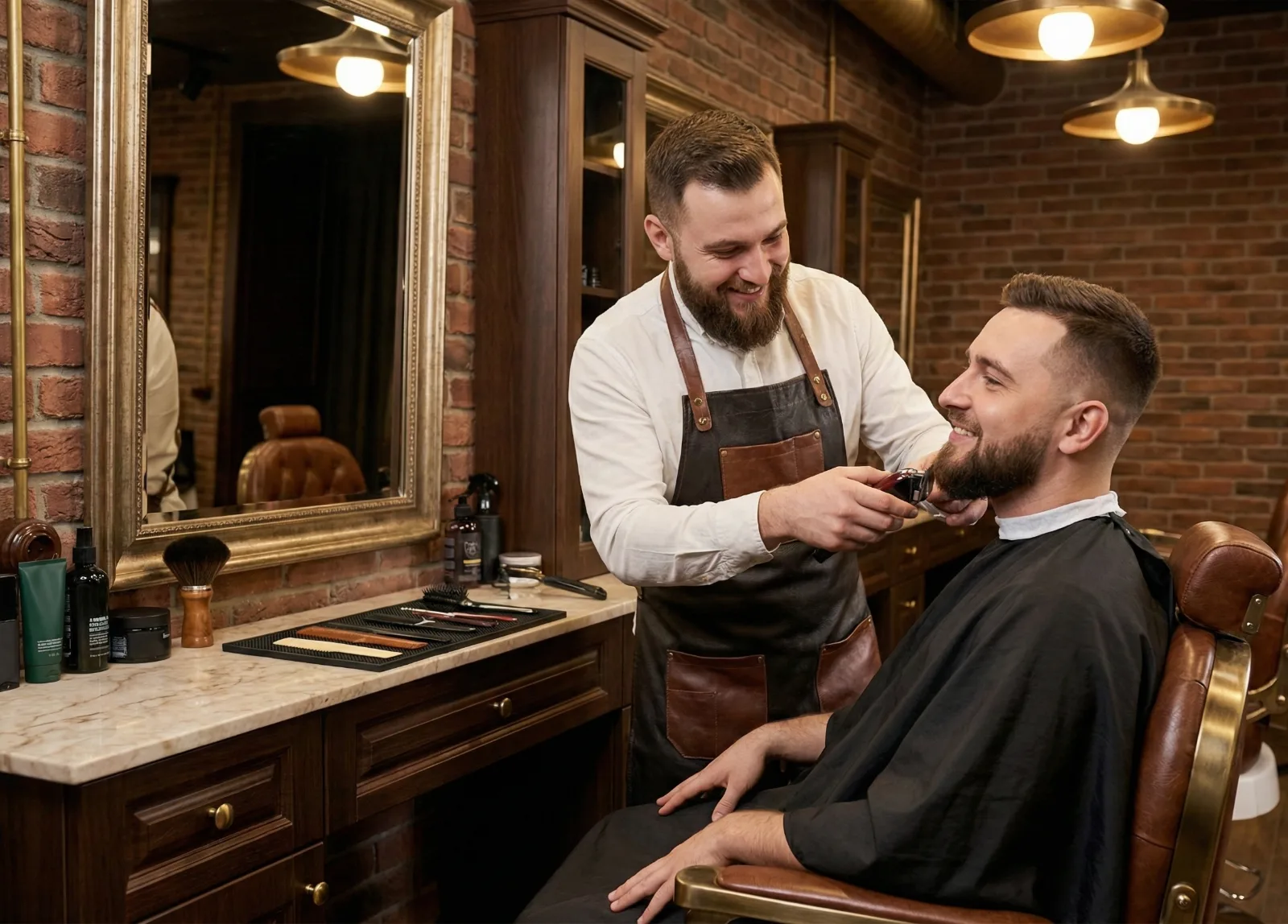 Barber finishing a fade in a barbershop chair