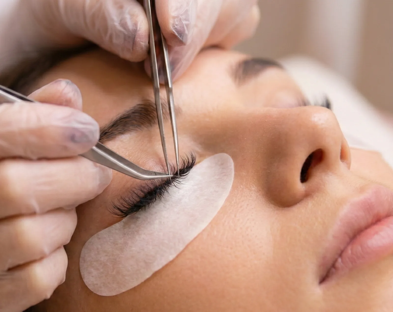 Lash artist applying individual lash extensions to a client