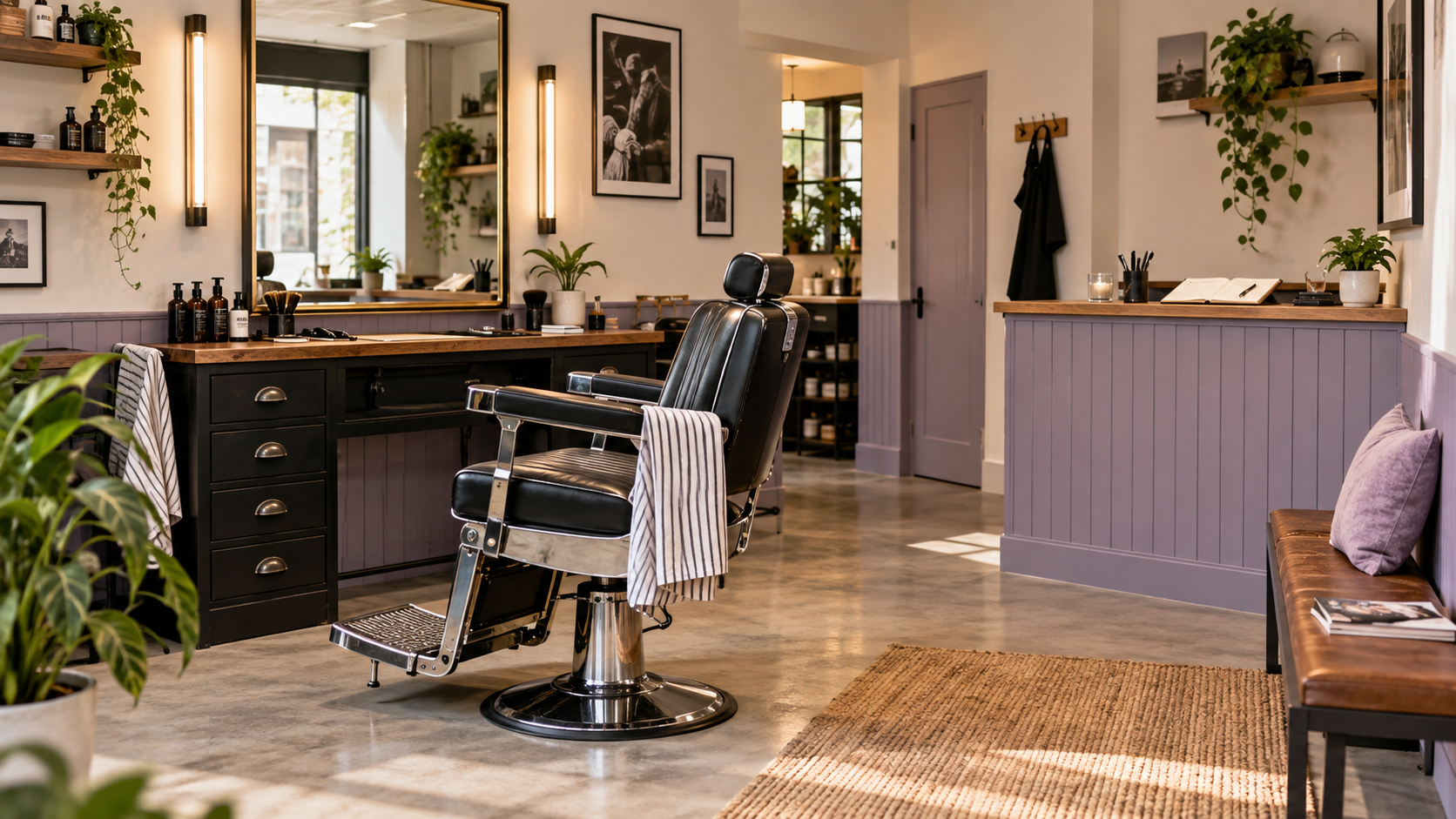 Barber chair, reception diary and waiting area for appointments and walk-ins