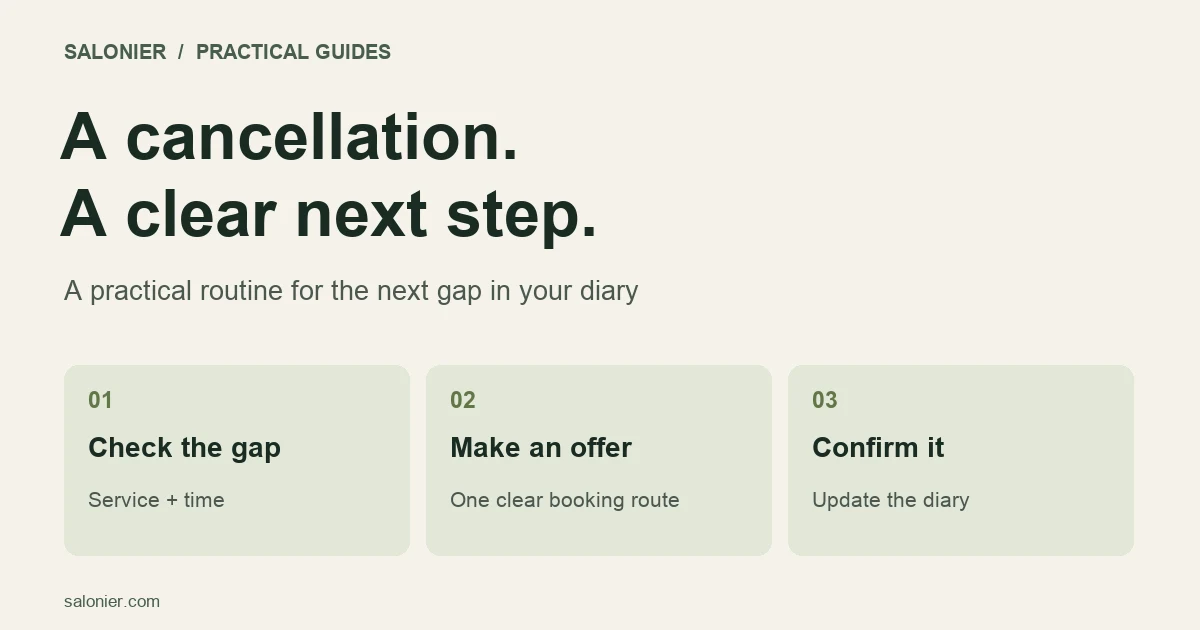 Three steps for filling a cancelled appointment: check the gap, make an offer and confirm the booking.