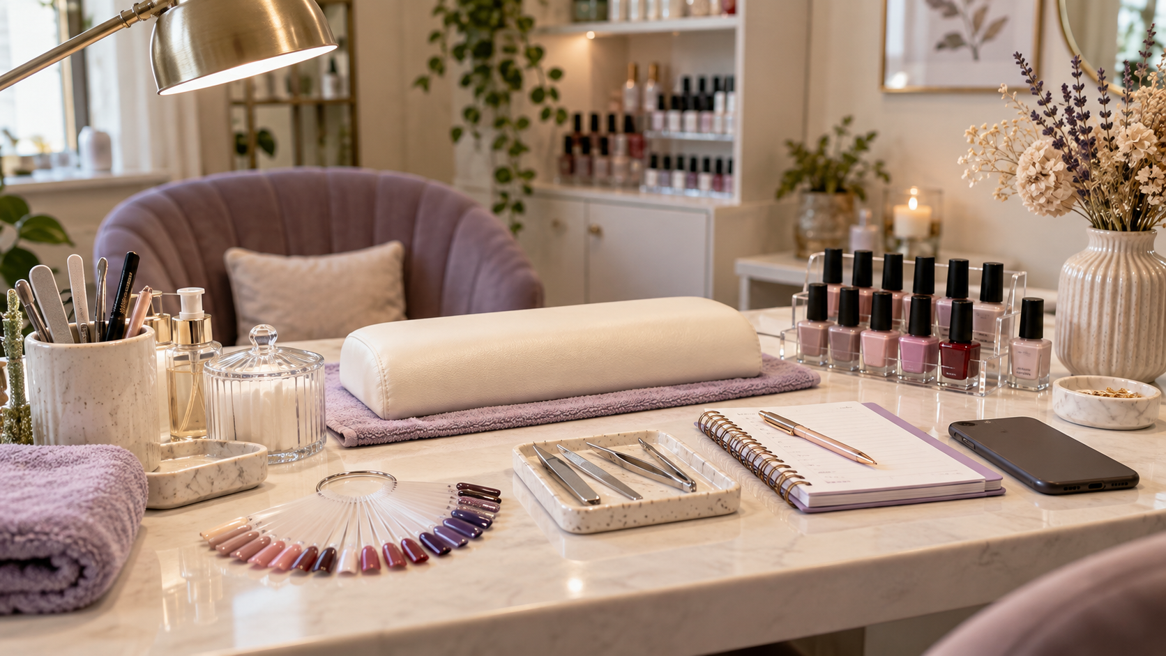 Organised nail workstation with manicure tools and appointment diary