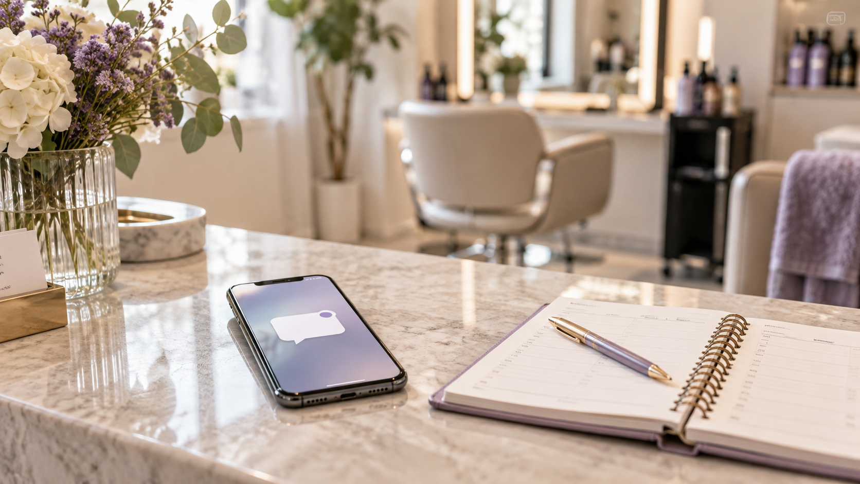 Phone and appointment diary on a salon reception counter